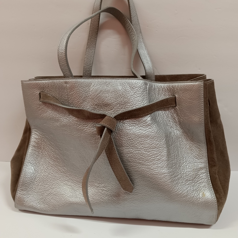 Alberta Di Canio Leather & Suede Tote Metallic Silver Tote Bag Purse